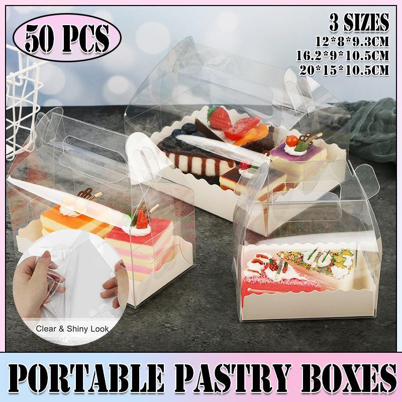 50PCS Portable Pastry Boxes Portable Cake Box Paper Cookie Boxes Sandwich Box - L-Transparent+White inner tray V528-SQ298-MSH-CLEAR-XL-50PCS-233667