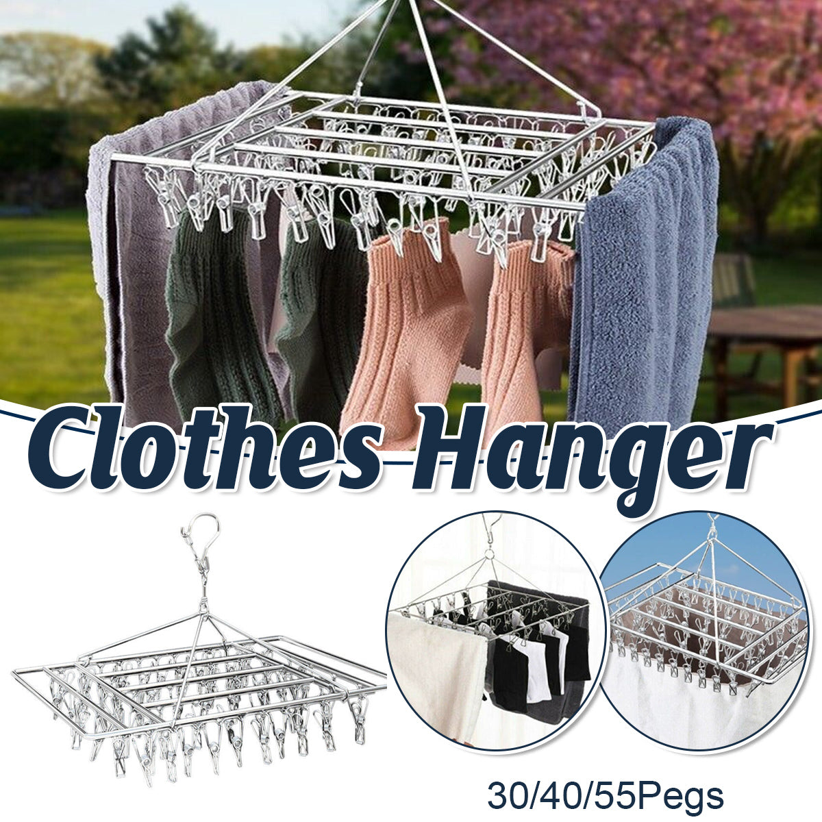 30/40/55 Pegs Stainless Steel Laundry Sock Underwear Clothes Dryer Rack Hanger - 30Pegs V528-STEELHANGER-30PEG-959773