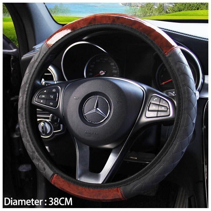 PU Leather Car Steering Wheel Cover With Mahogany Pattern 38cm Anti Slip Grip V528-STEERINGWHEELCOVER-WOOD-679652