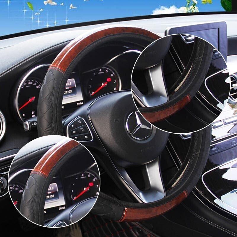 PU Leather Car Steering Wheel Cover With Mahogany Pattern 38cm Anti Slip Grip V528-STEERINGWHEELCOVER-WOOD-679652