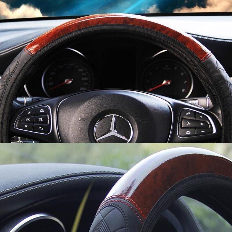 PU Leather Car Steering Wheel Cover With Mahogany Pattern 38cm Anti Slip Grip V528-STEERINGWHEELCOVER-WOOD-679652