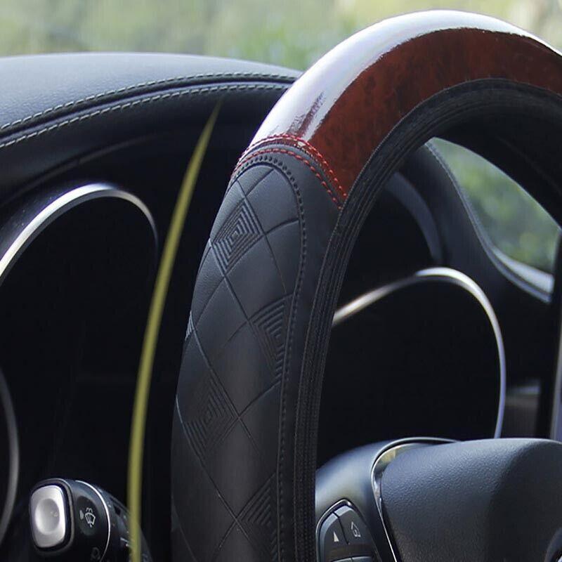 PU Leather Car Steering Wheel Cover With Mahogany Pattern 38cm Anti Slip Grip V528-STEERINGWHEELCOVER-WOOD-679652