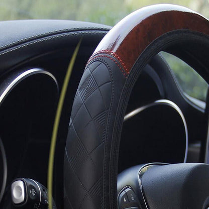 PU Leather Car Steering Wheel Cover With Mahogany Pattern 38cm Anti Slip Grip V528-STEERINGWHEELCOVER-WOOD-679652