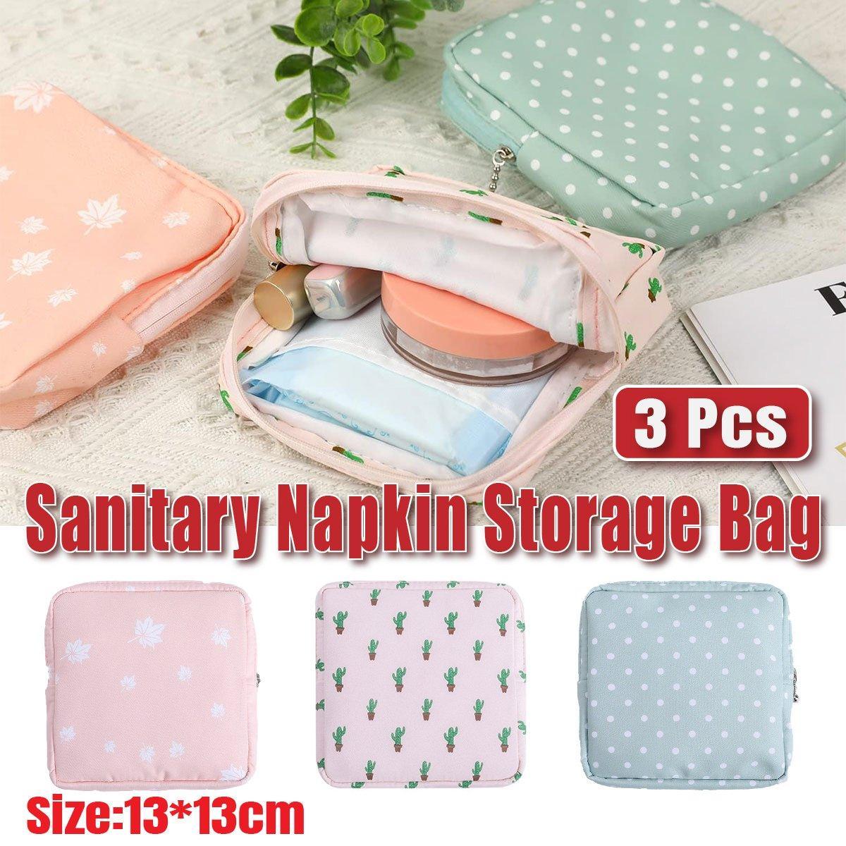 3PCS Cotton Sanitary Napkin Storage Bag Pink Leaves Cactus Dots Portable Pouch V528-STORAGE-BAG-3PCS-950944
