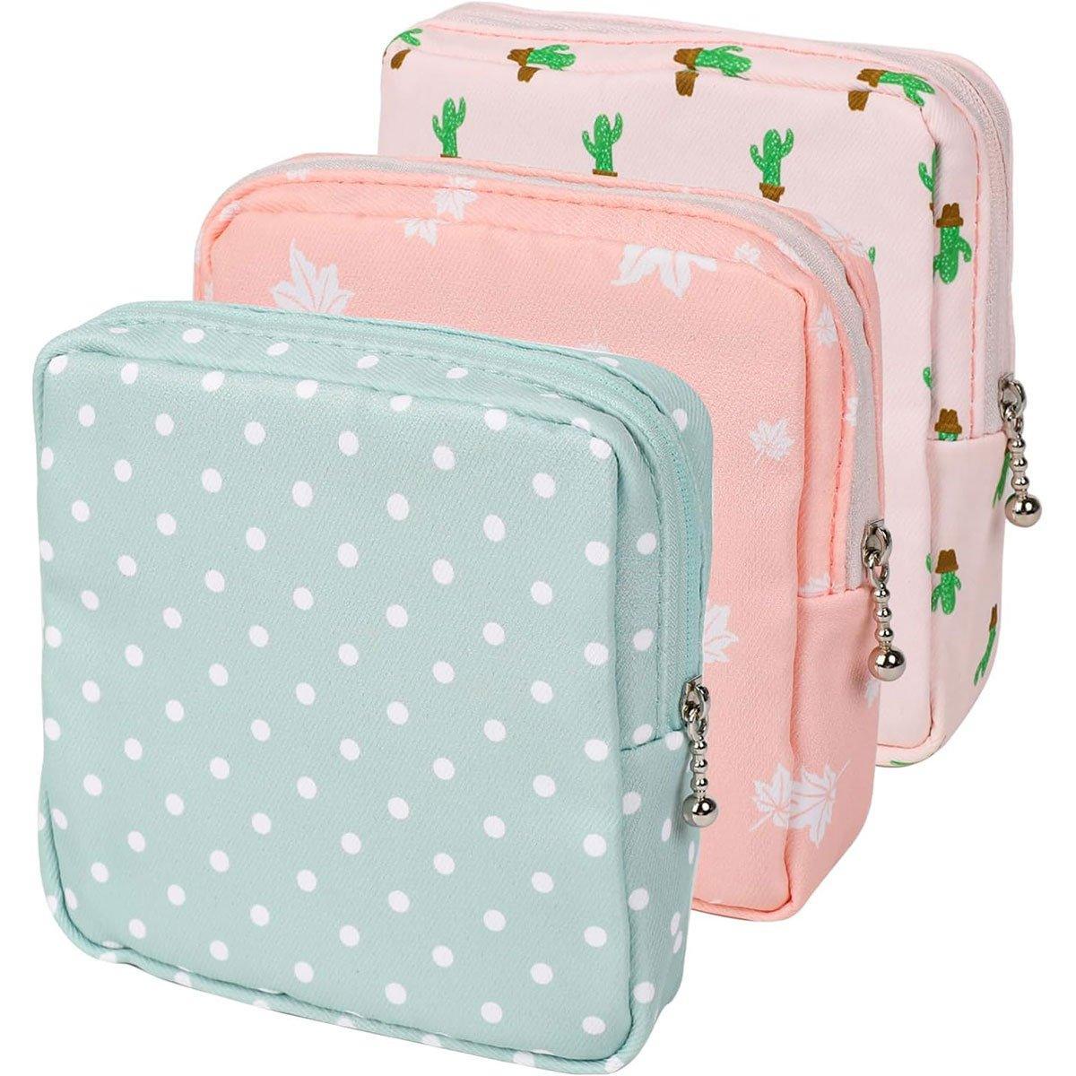 3PCS Cotton Sanitary Napkin Storage Bag Pink Leaves Cactus Dots Portable Pouch V528-STORAGE-BAG-3PCS-950944