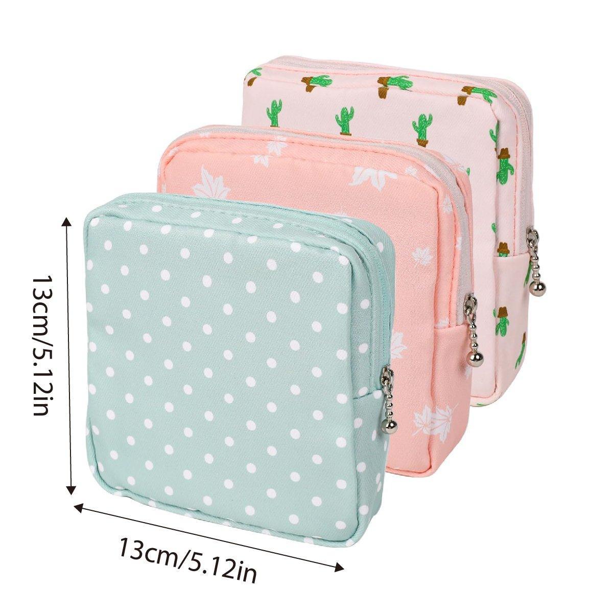 3PCS Cotton Sanitary Napkin Storage Bag Pink Leaves Cactus Dots Portable Pouch V528-STORAGE-BAG-3PCS-950944