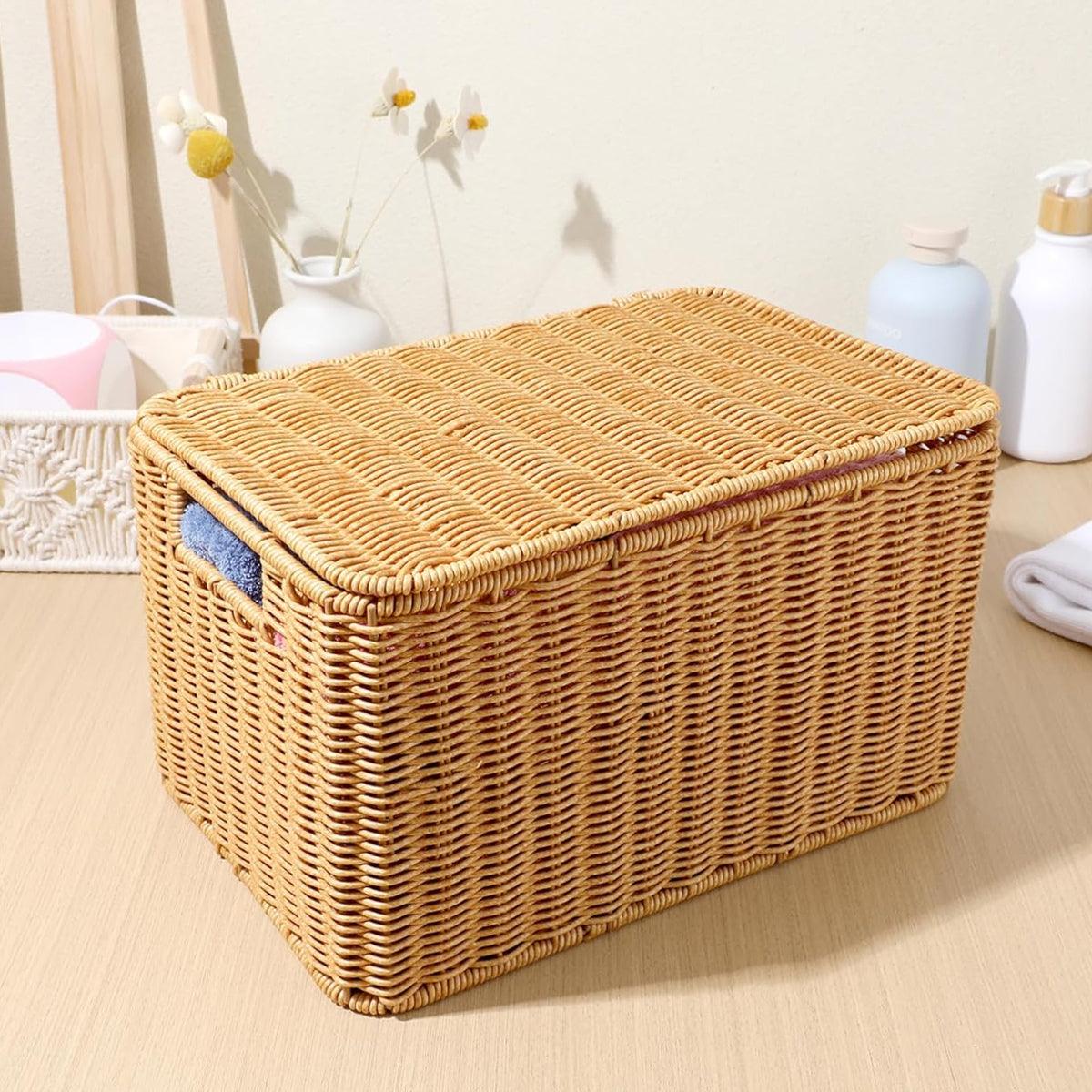 Storage Box Bedroom Organizer Faux Rattan Woven Basket with Lid Home V528-STORAGE-BASKET-S-917450