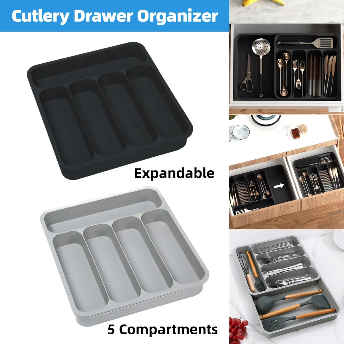 Expandable Cutlery Drawer Organizer Adjustable 6 Slot Kitchen Utensil Tray - Black V528-STORAGE-BLACK-957732
