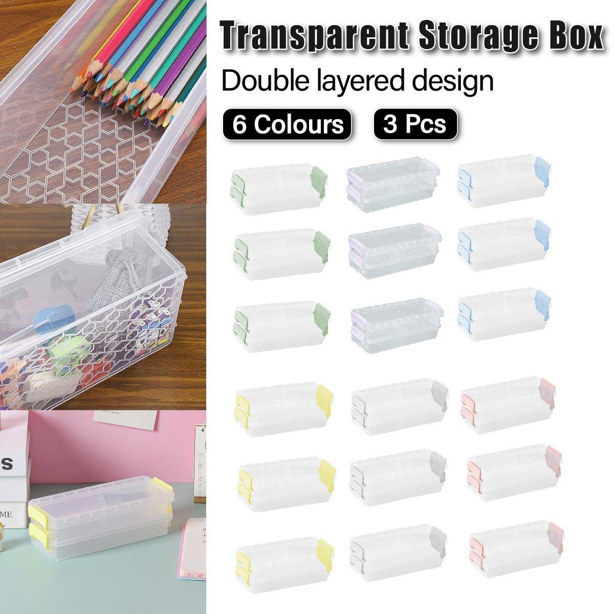 3PCS Clear Plastic Desktop Storage Box 2 Layer Holder DIY Stationery Pencil Case - Green V528-STORAGE-BOX-3PCS-GREEN-370814