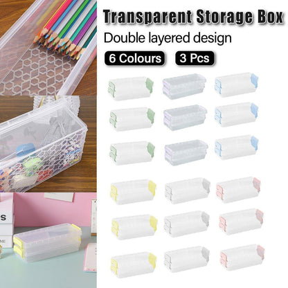 3PCS Clear Plastic Desktop Storage Box 2 Layer Holder DIY Stationery Pencil Case - Grey V528-STORAGE-BOX-3PCS-GREY-941025
