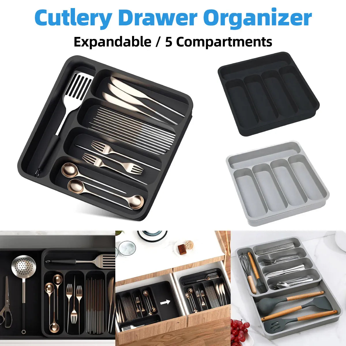 Expandable Cutlery Drawer Organizer Adjustable 6 Slot Kitchen Utensil Tray - Grey V528-STORAGE-GREY-438888