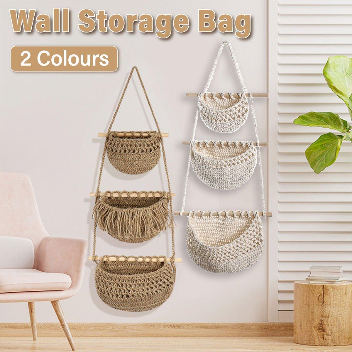 Three Layer Cotton Rope Wall Hanging Basket Door Storage Rack Organizer Bag - Brown V528-STORAGE-HANGING-BAG-03-567704