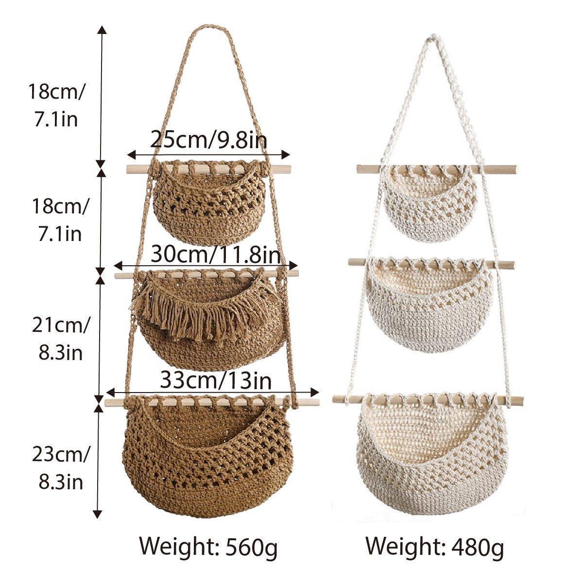 Three Layer Cotton Rope Wall Hanging Basket Door Storage Rack Organizer Bag - Brown V528-STORAGE-HANGING-BAG-03-567704
