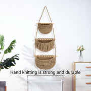 Three Layer Cotton Rope Wall Hanging Basket Door Storage Rack Organizer Bag - Brown V528-STORAGE-HANGING-BAG-03-567704