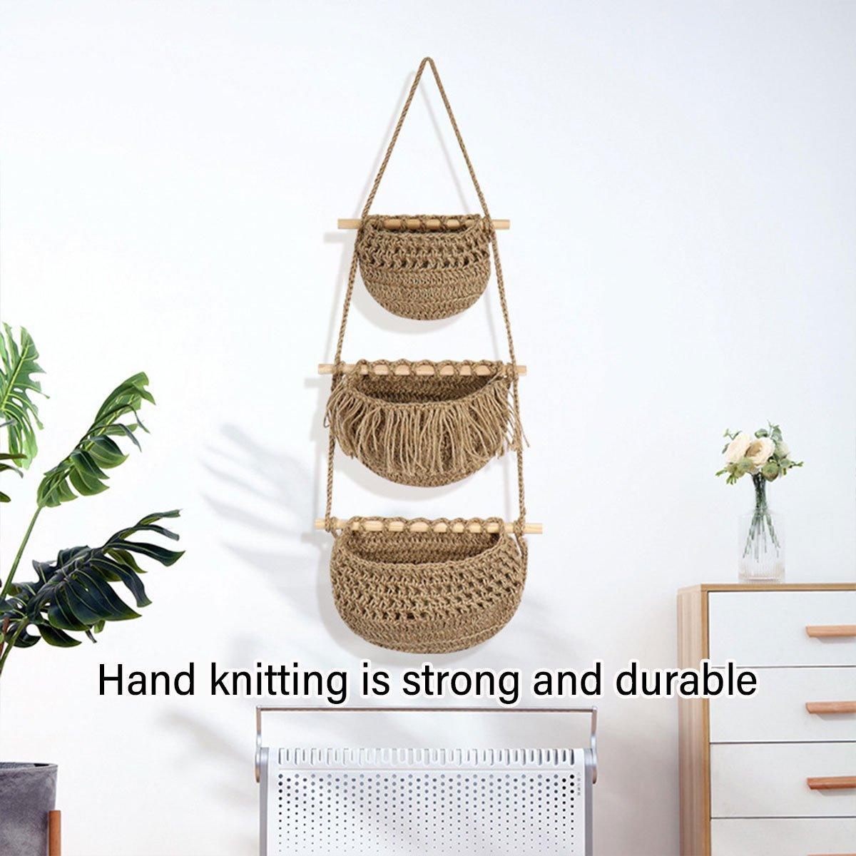Three Layer Cotton Rope Wall Hanging Basket Door Storage Rack Organizer Bag - Brown V528-STORAGE-HANGING-BAG-03-567704