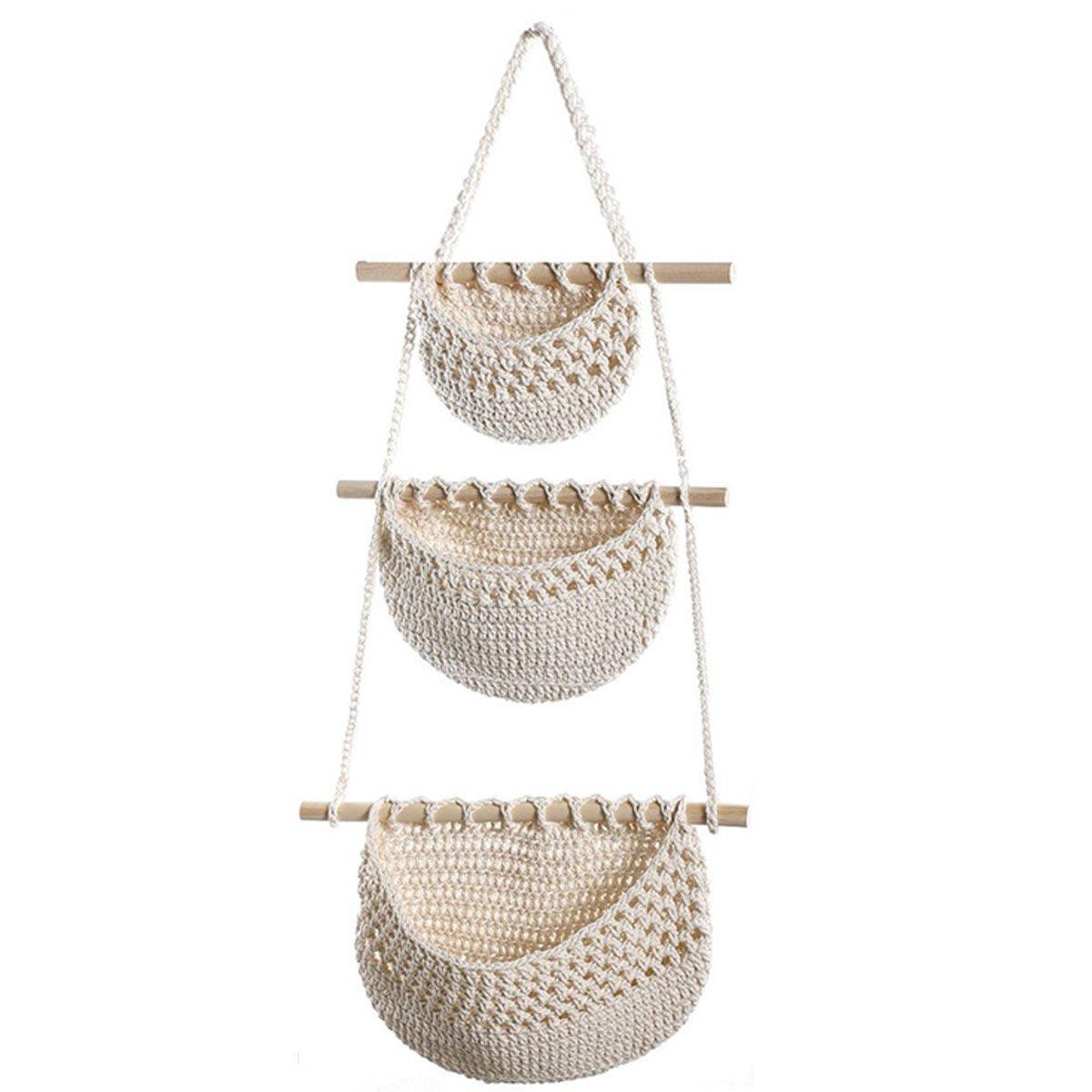 Three Layer Cotton Rope Wall Hanging Basket Door Storage Rack Organizer Bag - Brown V528-STORAGE-HANGING-BAG-03-567704