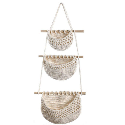 Three Layer Cotton Rope Wall Hanging Basket Door Storage Rack Organizer Bag - Brown V528-STORAGE-HANGING-BAG-03-567704