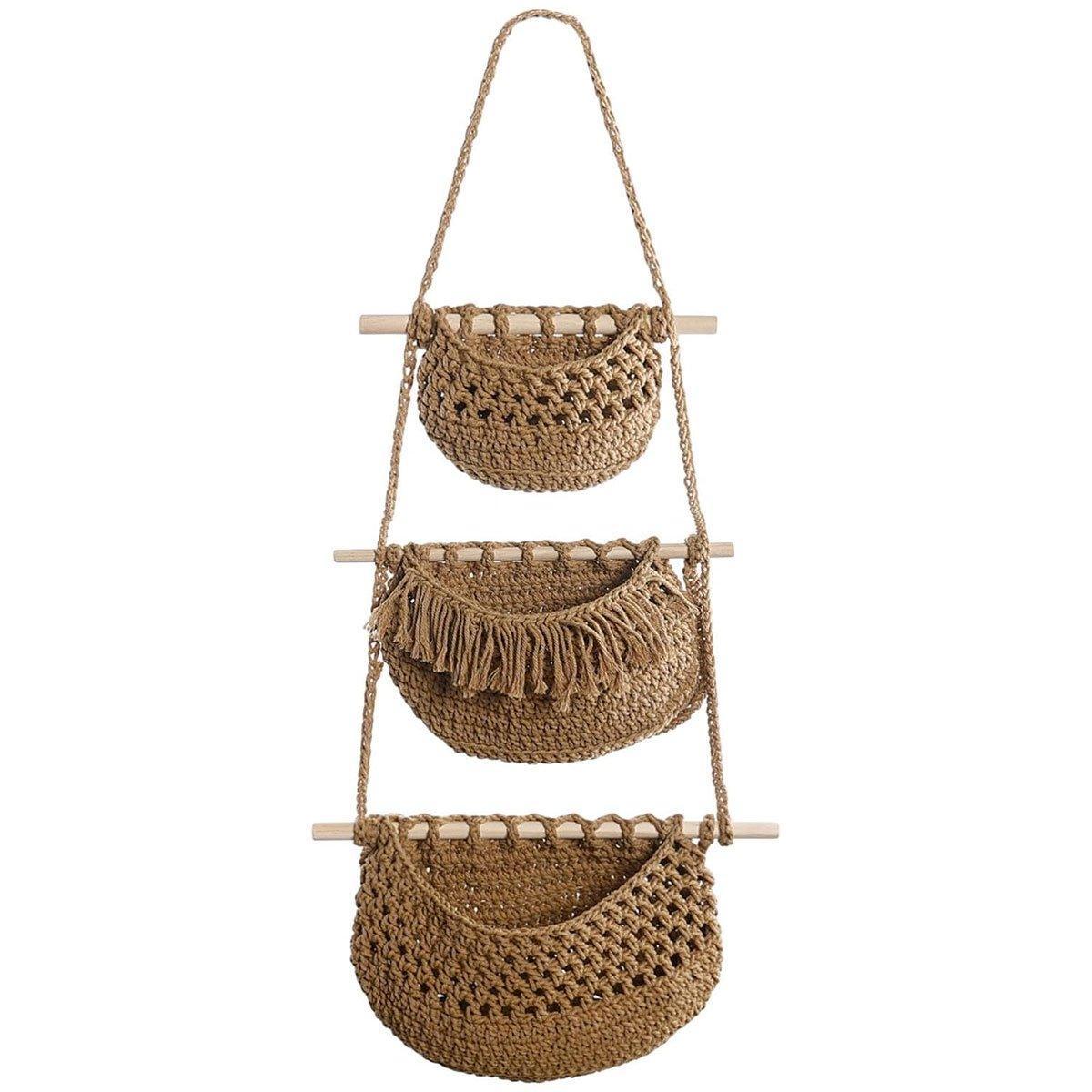 Three Layer Cotton Rope Wall Hanging Basket Door Storage Rack Organizer Bag - Brown V528-STORAGE-HANGING-BAG-03-567704