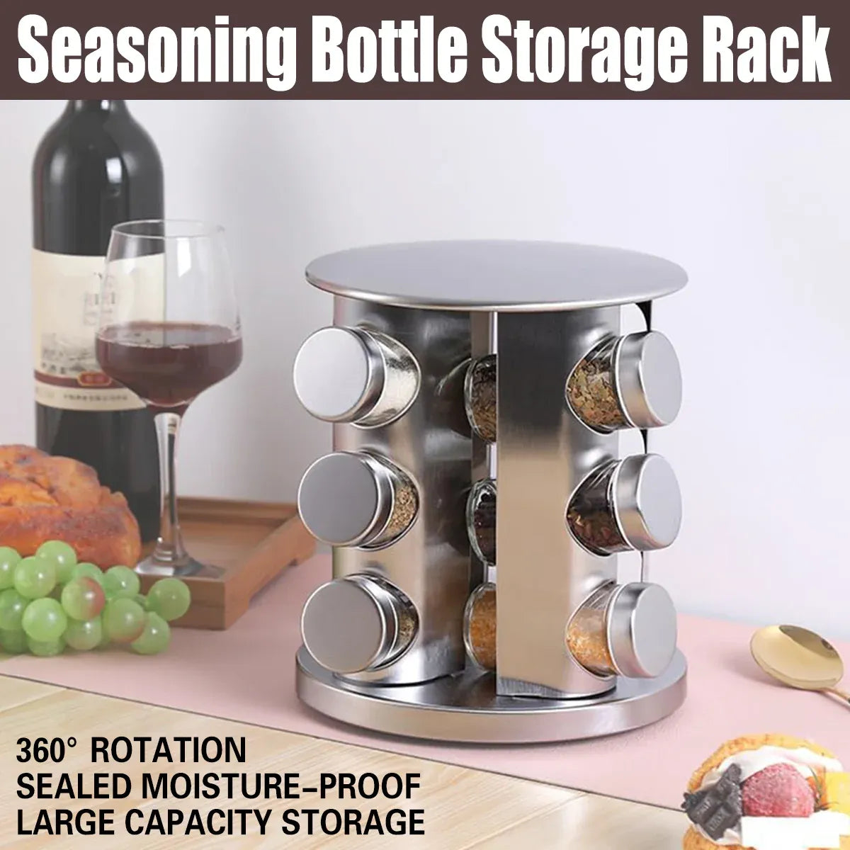Stainless Steel Rotating Spice Rack Organizer Kitchen Seasoning Jar Holder Use V528-STORAGE-RACK-12-213304