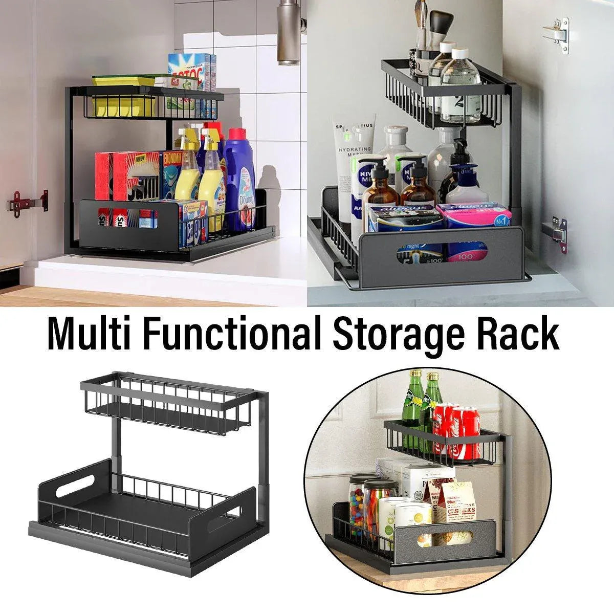 Removable Kitchen Cabinet Sink Storage Rack with Drawable Basket Organizer Shelf V528-STORAGE-RACK-BLACK-242818