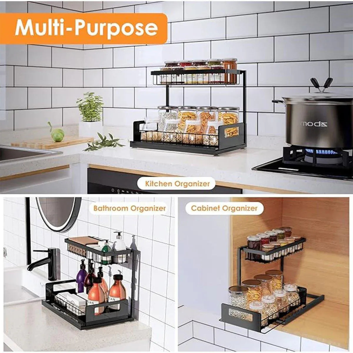 Removable Kitchen Cabinet Sink Storage Rack with Drawable Basket Organizer Shelf V528-STORAGE-RACK-BLACK-242818