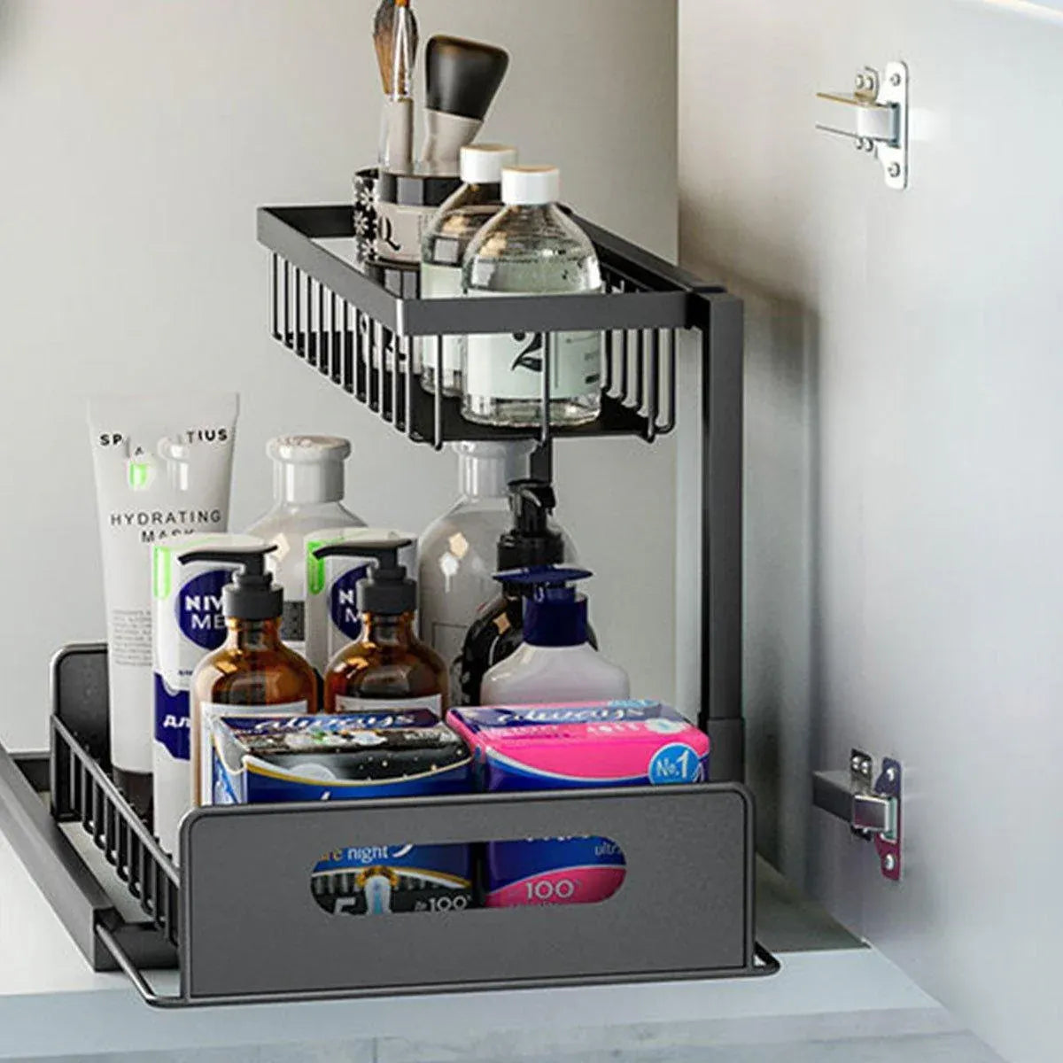 Removable Kitchen Cabinet Sink Storage Rack with Drawable Basket Organizer Shelf V528-STORAGE-RACK-BLACK-242818