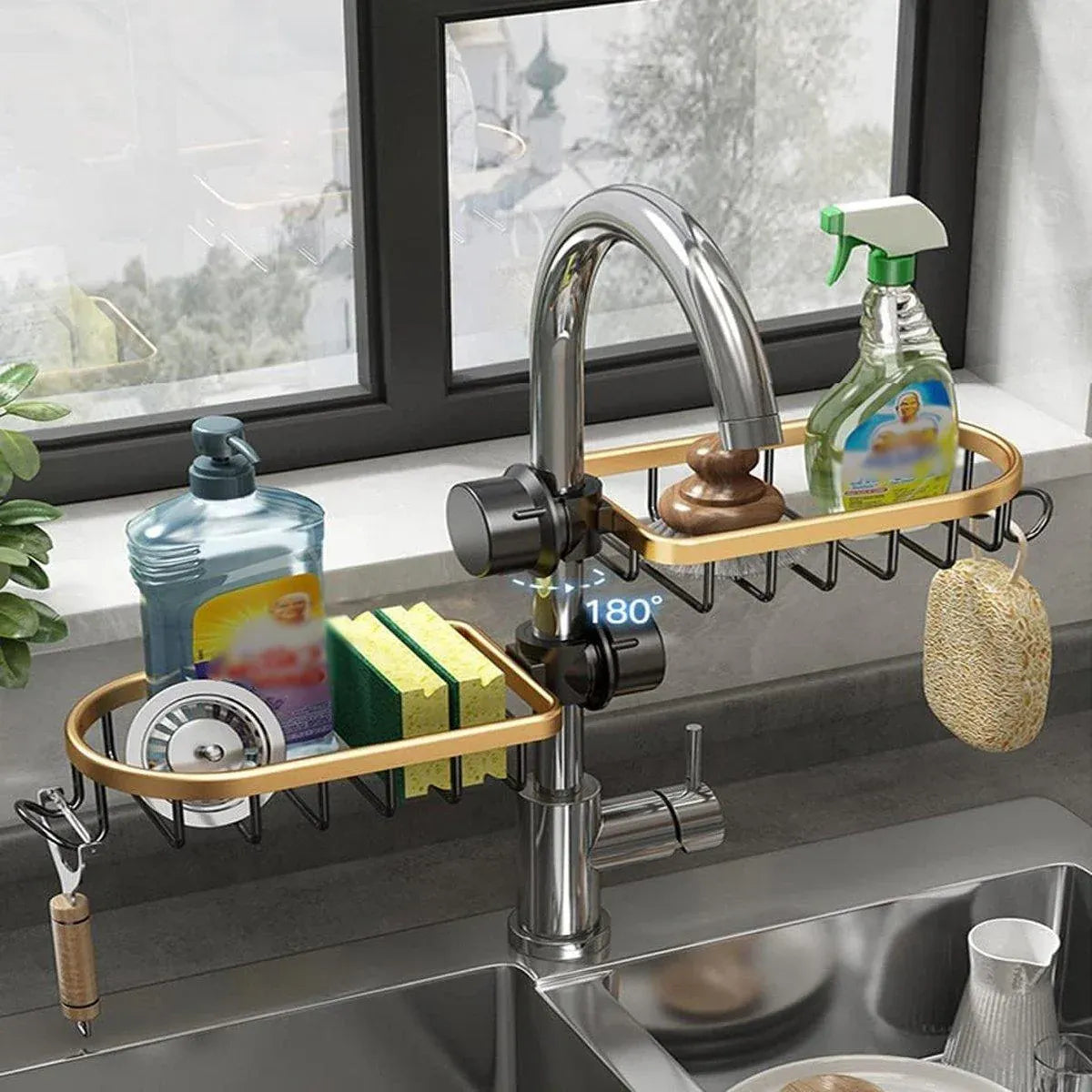 Adjustable Faucet Sink Shelf Drainage Rack Kitchen Storage Organizer for Home V528-STORAGE-SHELF-BLACK-GOLD-892956