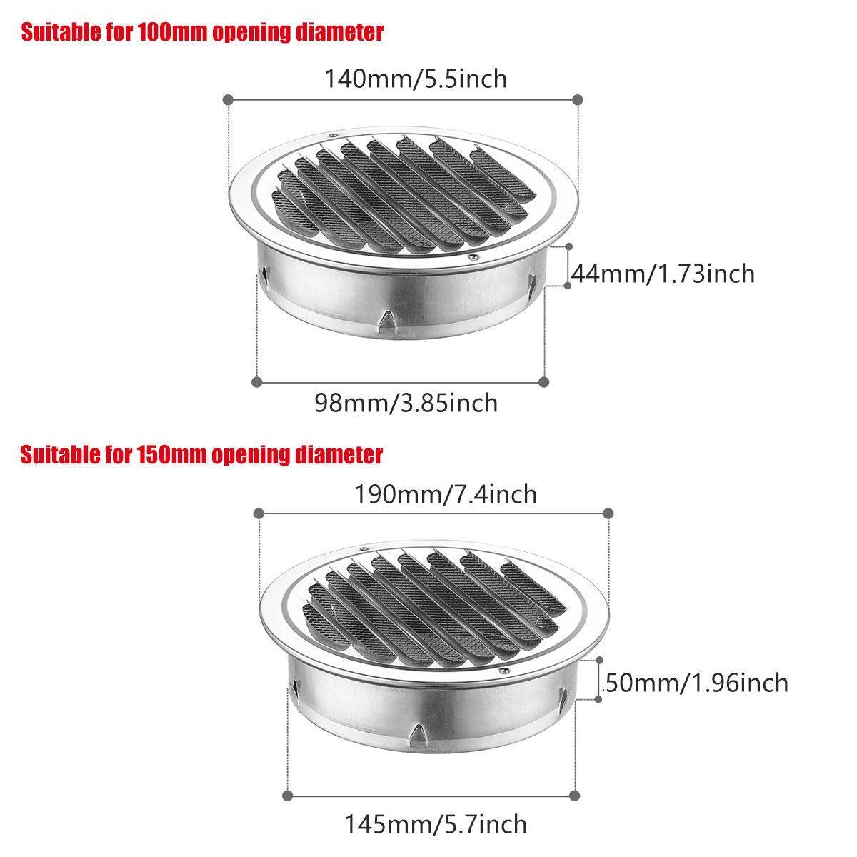 Stainless Steel Exhaust Fan Vent Outlet Flat Hood for Bathroom Kitchen Outlet - 100mm