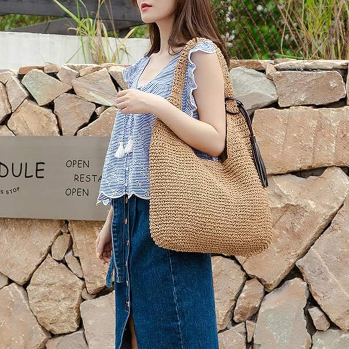 Large Capacity Fashion Woven Straw Shoulder Bag Simple Design for Everyday Use V528-STRAW-BAG-BROWN-609713