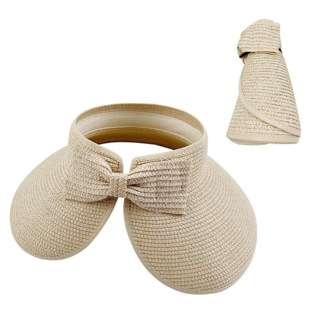 Women Roll Up Sun Visor Wide Brim Straw Hat Summer Foldable UV Protection Cap - Beige V528-STRAW-HAT-BEIGE-982506