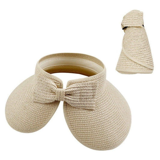 Women Roll Up Sun Visor Wide Brim Straw Hat Summer Foldable UV Protection Cap - Beige V528-STRAW-HAT-BEIGE-982506