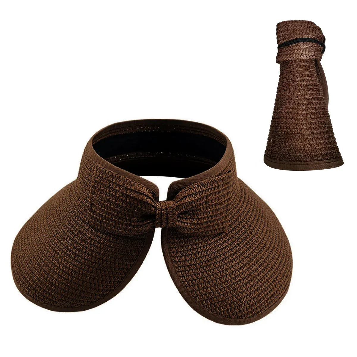 Women Roll Up Sun Visor Wide Brim Straw Hat Summer Foldable UV Protection Cap - Dark Brown V528-STRAW-HAT-DARK-COFFEE-222448