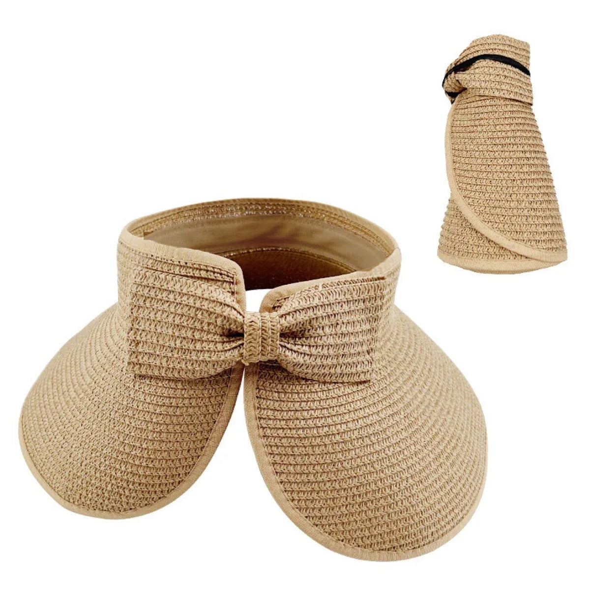 Women Roll Up Sun Visor Wide Brim Straw Hat Summer Foldable UV Protection Cap - Khaki V528-STRAW-HAT-KHAKI-976525