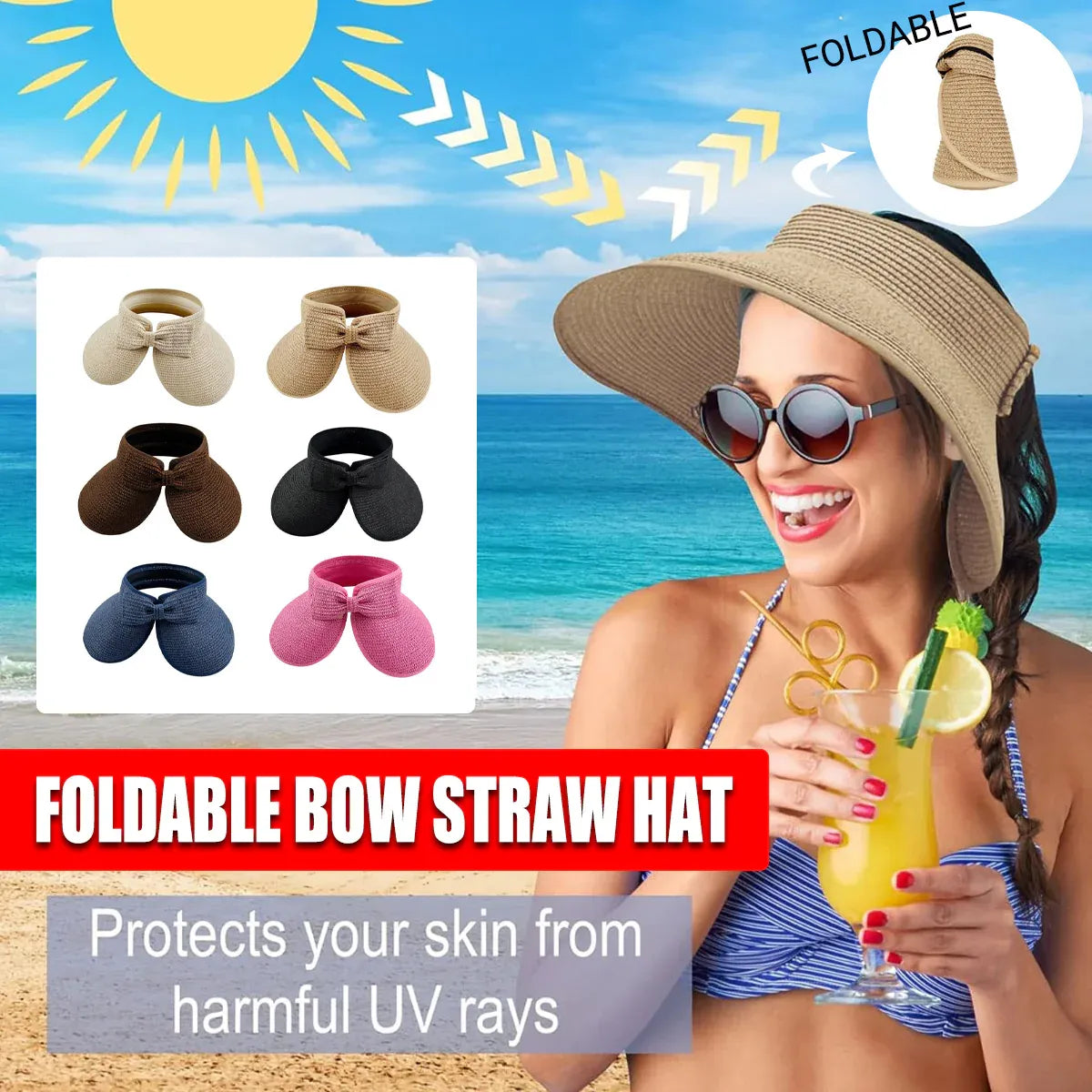 Women Roll Up Sun Visor Wide Brim Straw Hat Summer Foldable UV Protection Cap - Khaki V528-STRAW-HAT-KHAKI-976525
