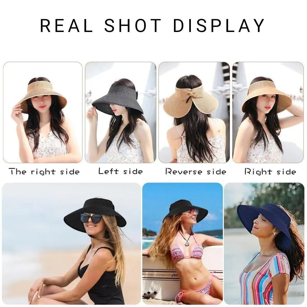 Women Roll Up Sun Visor Wide Brim Straw Hat Summer Foldable UV Protection Cap - Navy Blue V528-STRAW-HAT-NAVY-510428