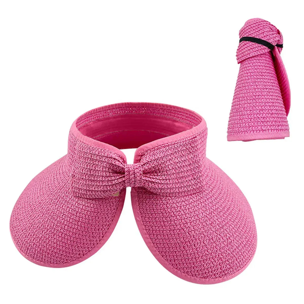 Women Roll Up Sun Visor Wide Brim Straw Hat Summer Foldable UV Protection Cap - Rose Red V528-STRAW-HAT-ROSE-RED-852478