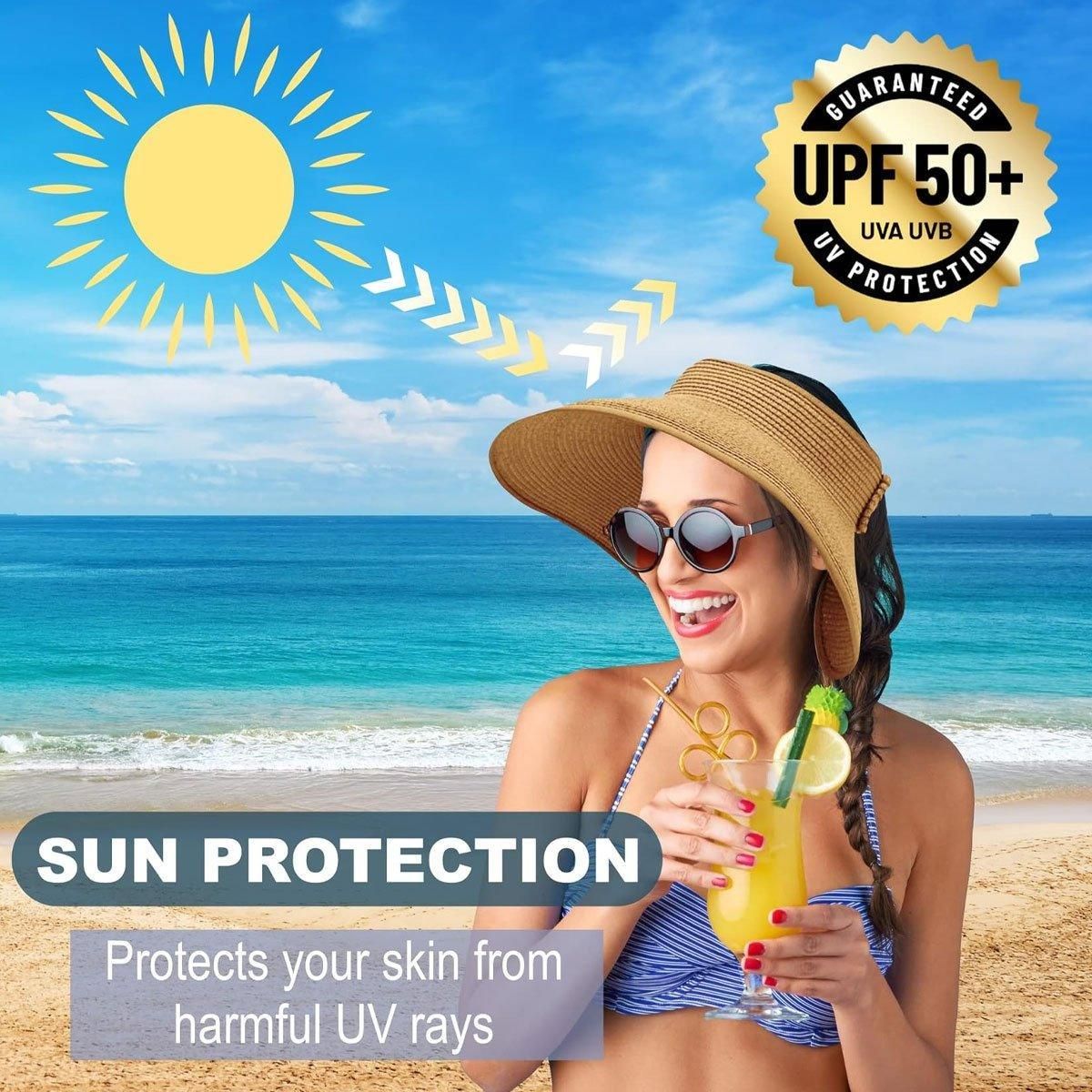 Women Roll Up Sun Visor Wide Brim Straw Hat Summer Foldable UV Protection Cap - Rose Red V528-STRAW-HAT-ROSE-RED-852478