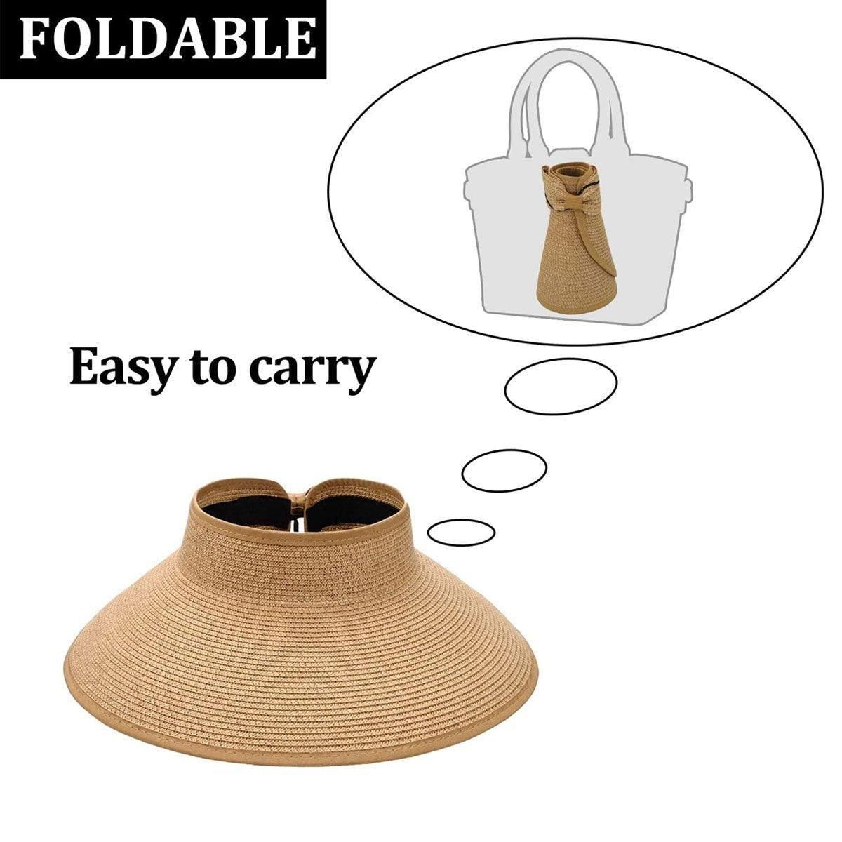 Women Roll Up Sun Visor Wide Brim Straw Hat Summer Foldable UV Protection Cap - Rose Red V528-STRAW-HAT-ROSE-RED-852478