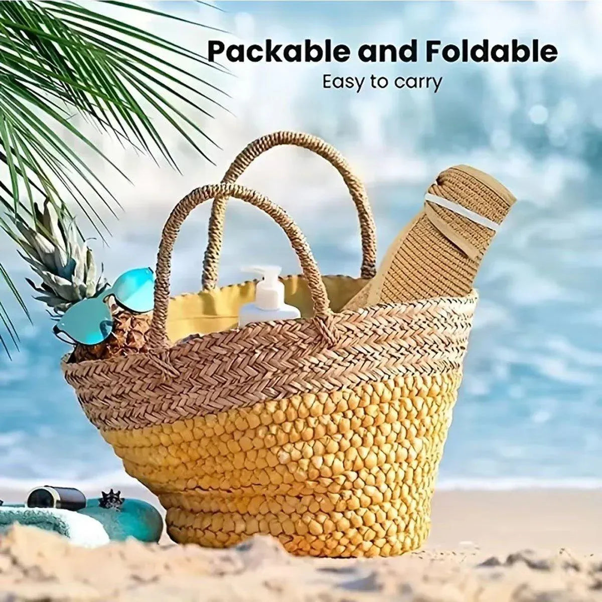 Women Roll Up Sun Visor Wide Brim Straw Hat Summer Foldable UV Protection Cap - Rose Red V528-STRAW-HAT-ROSE-RED-852478
