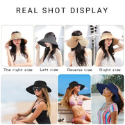 Women Roll Up Sun Visor Wide Brim Straw Hat Summer Foldable UV Protection Cap - Rose Red V528-STRAW-HAT-ROSE-RED-852478