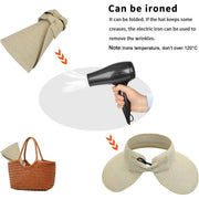 Women Roll Up Sun Visor Wide Brim Straw Hat Summer Foldable UV Protection Cap - Rose Red V528-STRAW-HAT-ROSE-RED-852478