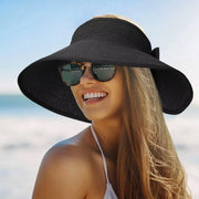Women Roll Up Sun Visor Wide Brim Straw Hat Summer Foldable UV Protection Cap - Rose Red V528-STRAW-HAT-ROSE-RED-852478