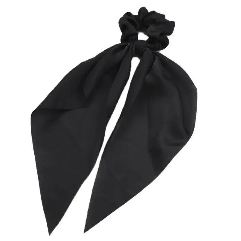 Chiffon Ponytail Scarf Bow Elastic Hair Rope Tie Scrunchies Ribbon Hair Bands - Black V528-STREAMER-06-46305