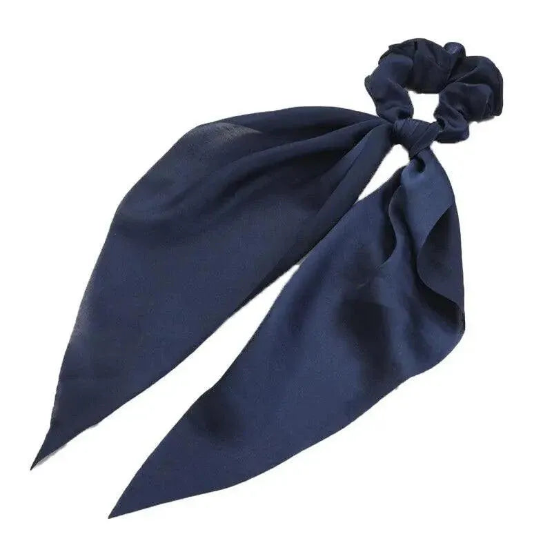 Chiffon Ponytail Scarf Bow Elastic Hair Rope Tie Scrunchies Ribbon Hair Bands - Navy V528-STREAMER-09-46068