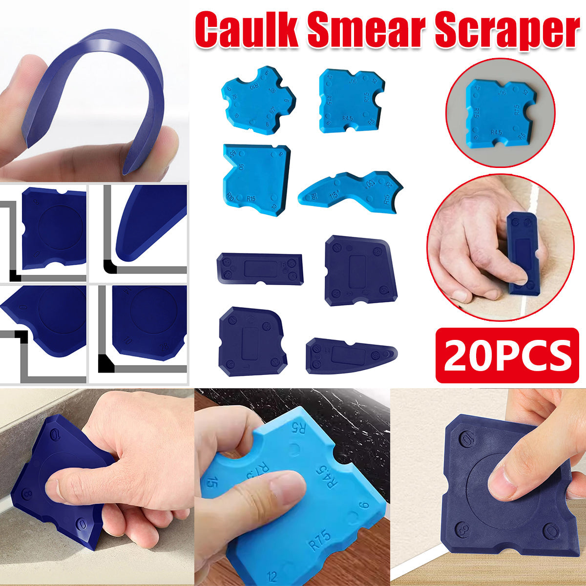 20pcs Caulk Smear Scraper Set Kitchen Bathroom Sink Sealant Joint Finishing Tool - Sky Blue V528-STRICKLE-5SET-SKY-BLUE-942058