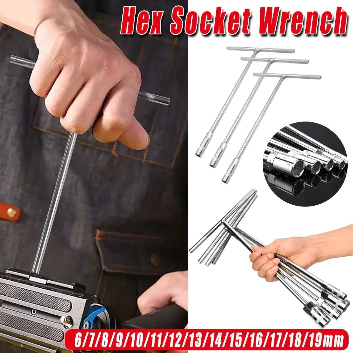 6-19mm Steel T Shaped Hex Wrench Hand Tool Spanner Socket Adapter Repair - 7mm