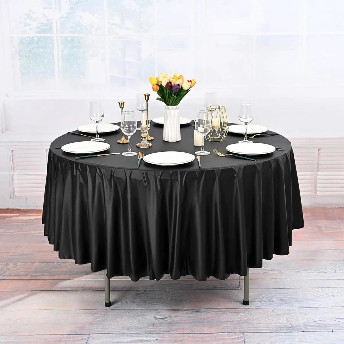 10pcs Round Tablecloth Solid Color Waterproof PEVA Table Cover 213cm Diameter - Black V528-TABLECLOTH-BLACK-10PCS-970198