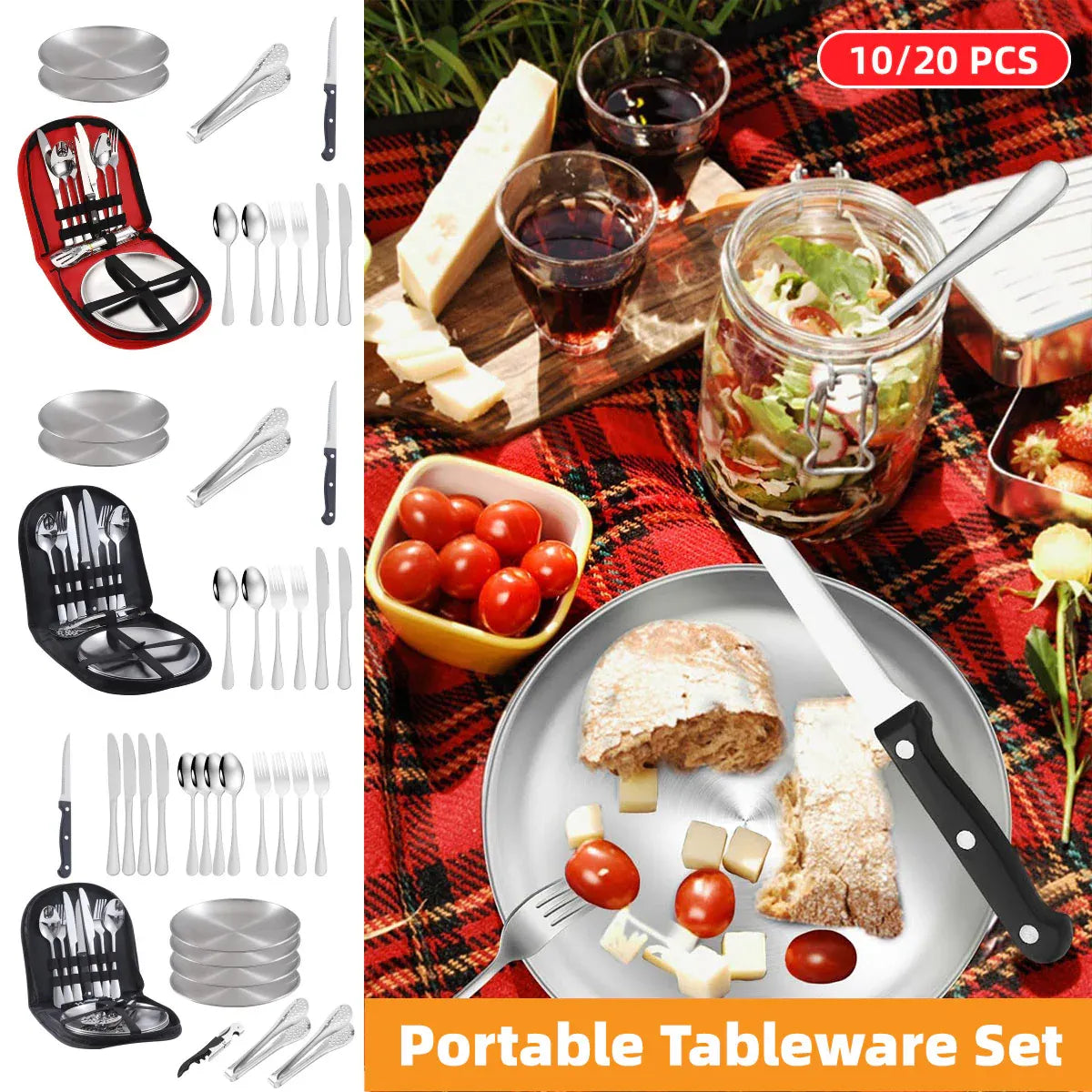 10/20PCS Camping Cutlery Set Outdoor Picnic Utensils Plates Spoons Forks Knives - Black-2 People V528-TABLEWARE-10PCS-BLACK-431390