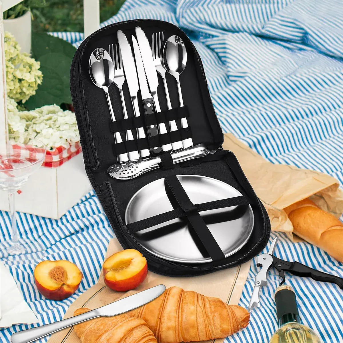 10/20PCS Camping Cutlery Set Outdoor Picnic Utensils Plates Spoons Forks Knives - Black-2 People V528-TABLEWARE-10PCS-BLACK-431390