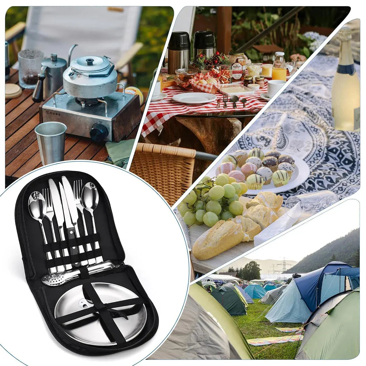10/20PCS Camping Cutlery Set Outdoor Picnic Utensils Plates Spoons Forks Knives - Red-2 People V528-TABLEWARE-10PCS-RED-826533